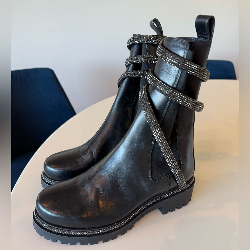 Rene Caovilla Cleo Shimmery Chelsea Boots Black Leather Size EU 37